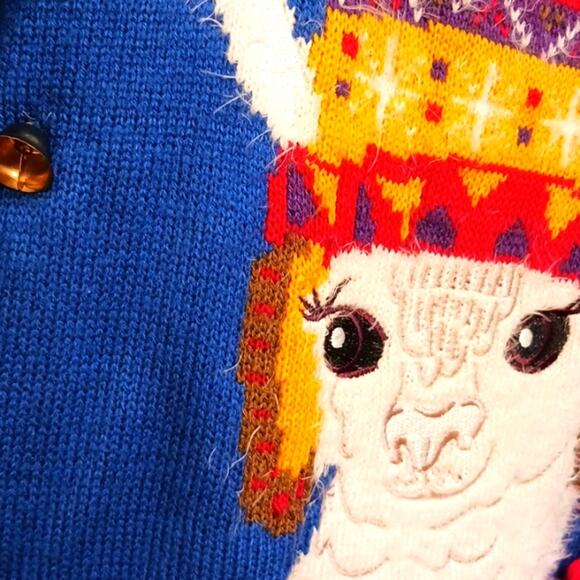 REALLY UGLY Crazy LLAMA Christmas Sweater Sz L/XL Blue Embroidered Falalallama - Picture 3 of 8